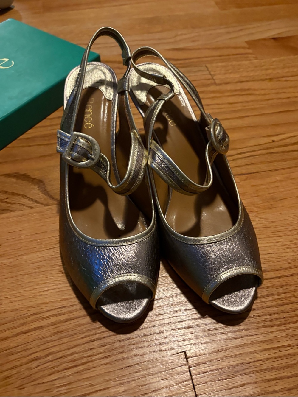 Metallic Peep-Toe Slingback Heels in Gold